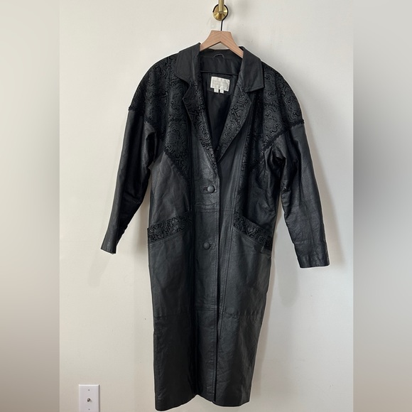 Vintage Black Contrasting Paisley Leather Panels Trench Jacket By: Studio C Sz L - Picture 9 of 12